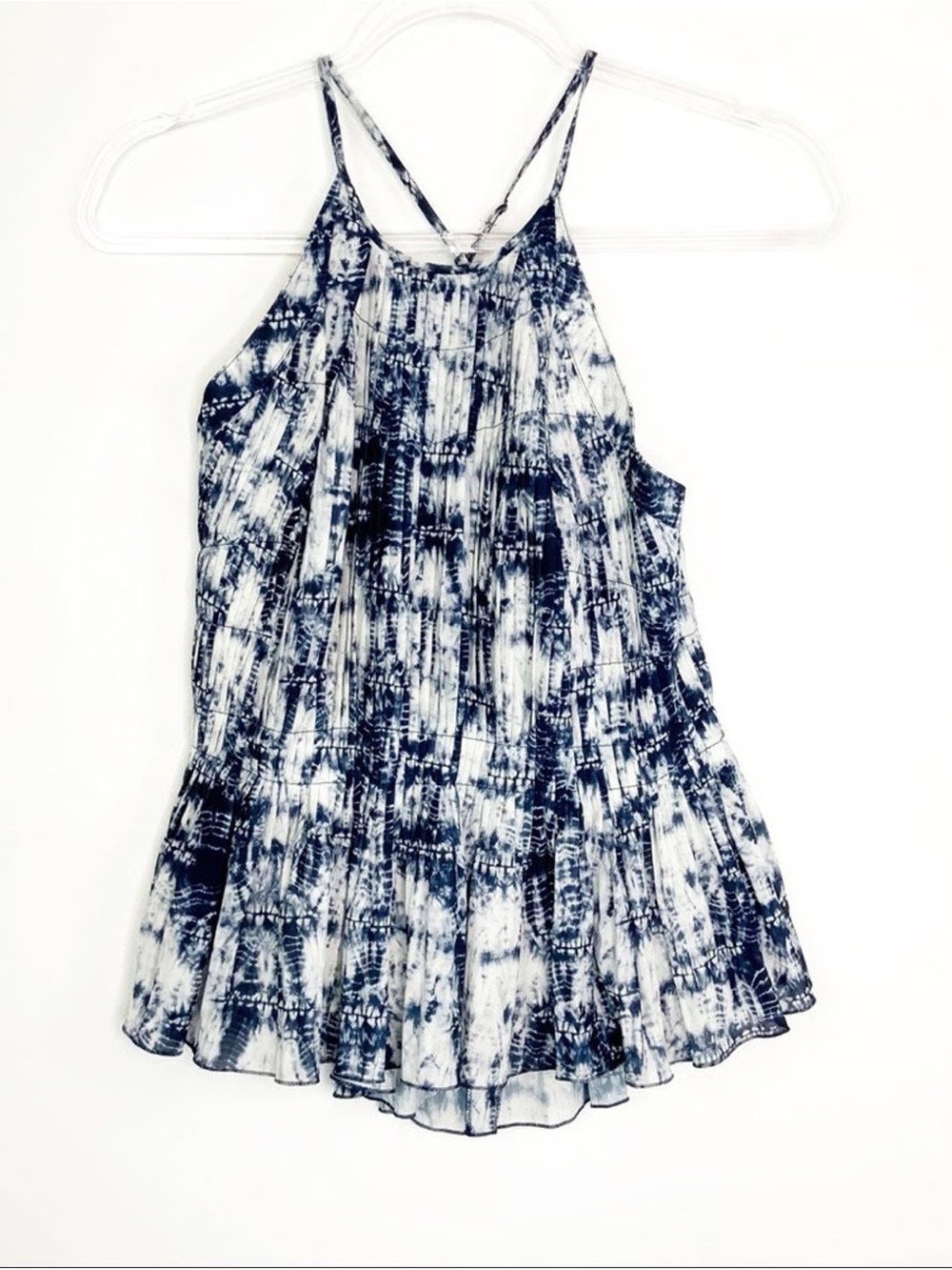 O'2nd Navy and White Tie-Dye Smocked Halter Peplum Top